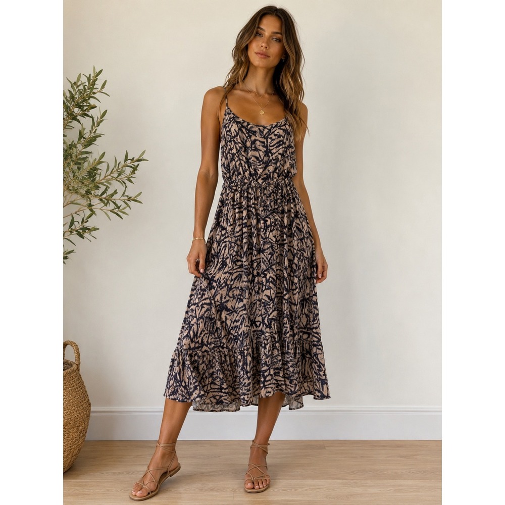 Gusto‎ Womens Abstract Print Midi Dress Tan Navy Lurex Shimmer Tiered Hem Large